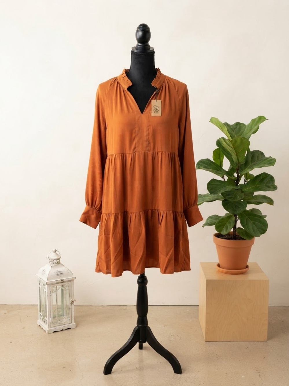 1. State Burnt Orange Long-Sleeve Tiered Ruffle Dress